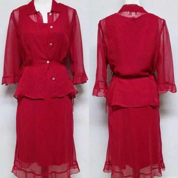 VINTAGE Donna Ricco Red Black Polka Dot Sleeveless Dress Botton Up Cardigan 8 - Picture 1 of 16